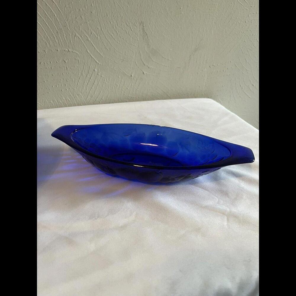 Cobalt Blue Glass Banana Split Boat Vintage Fruit Pattern Ice Cream Sundae Set 4